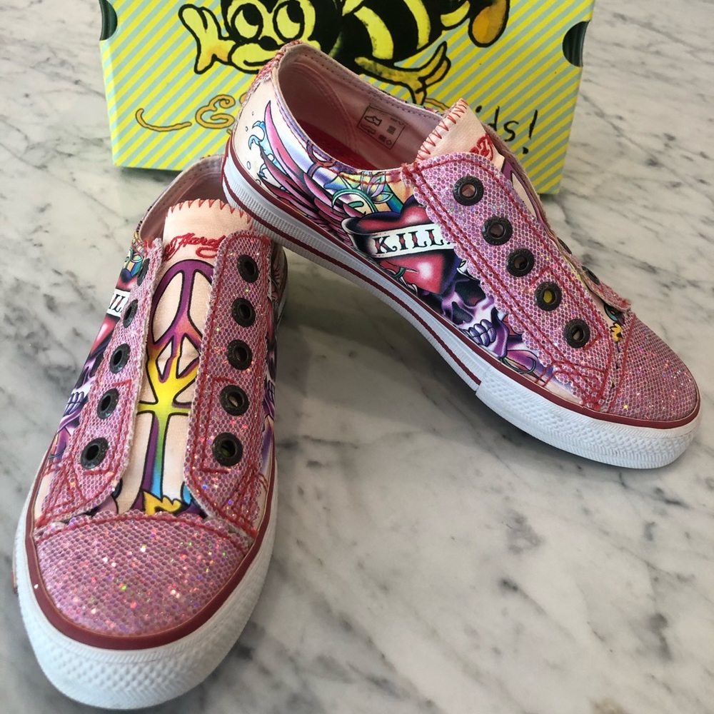 Ed Hardy Pink Peace Glitter laceless shoes